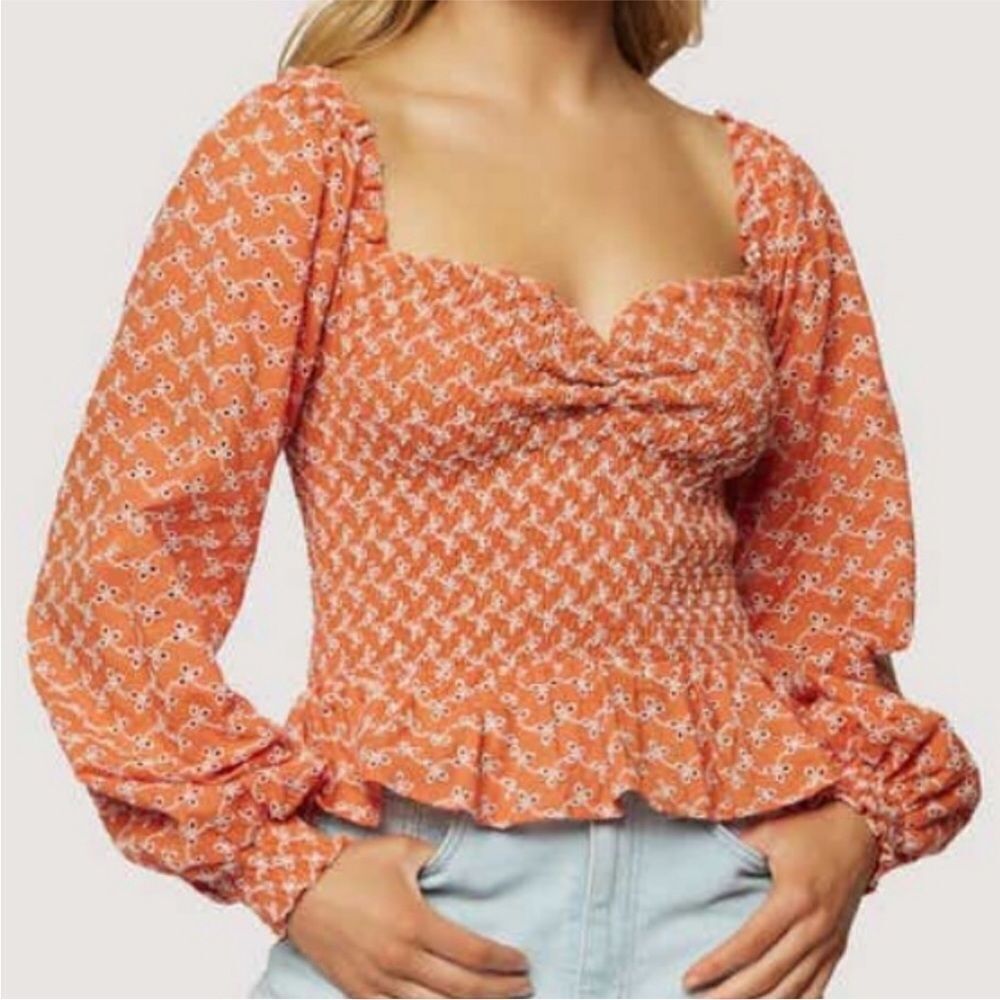 LOST + WANDER | NEW Orange Clay Eyelet Peplum Long Sleeve Top Women’s Size M